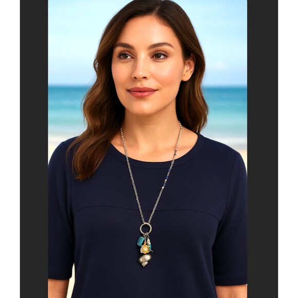 J. Jill Cluster Necklace Rising Tides Convertible Turtle Fish Shell Abalone Jade - Picture 1 of 13